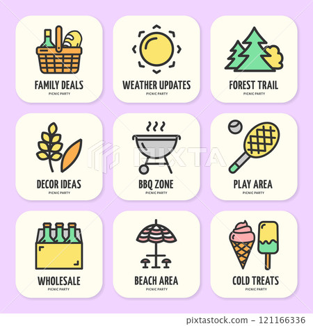 Picnic Party Concept Sign Color Thin Line Icon Labels Set. Vector Picnic Party Concept Sign Color Thin Line Icon Labels Set. Vector 121166336