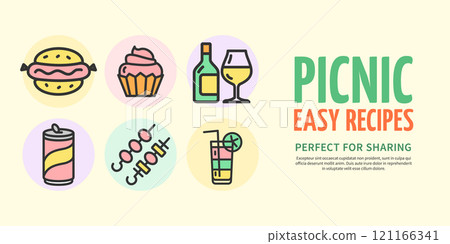 Picnic Easy Recipes Perfect for Sharing Concept Horizontal Invitation Placard Poster Banner Card Template. Vector Picnic Easy Recipes Perfect for Sharing Concept Horizontal Invitation Placard Poster Banner Card Template. Vector 121166341