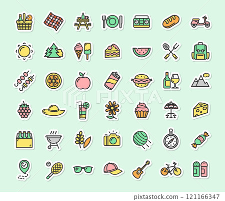 Picnic Party with Bbq Concept Sticker Color Thin Line Icon Set. Vector 121166347