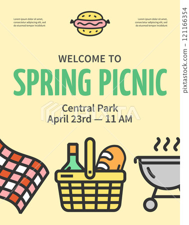Spring Picnic Concept Vertical Placard Poster Banner Card Template. Vector 121166354