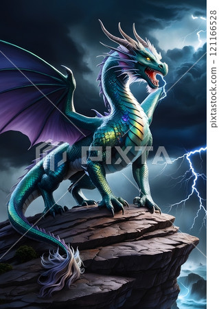 A fierce dragon with iridescent scales and glowing eyes perched on a rocky cliff, with stormy clouds and lightning in the background 121166528