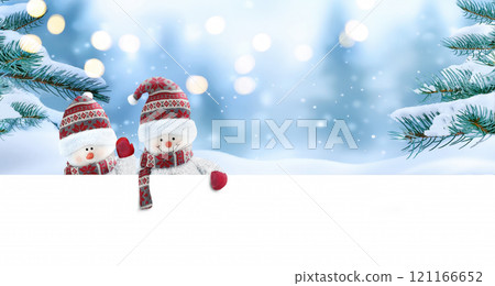 Two Cute Snowmen with copy space for greeting, card, web banner banner Two Cute Snowmen with copy space for greeting, card, web banner banner 121166652