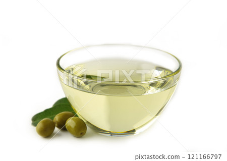Bowl of fresh extra virgin olive oil and green olives with leaves isolated on white background. Top view 121166797