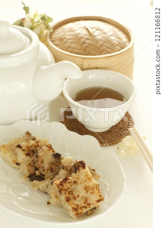 中國點心蘿蔔糕和中國茶 121166812