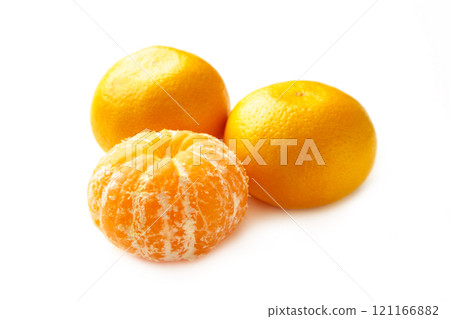Fresh peeled mandarin orange isolated on white background. 121166882