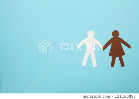Unity concept, multiracial paper people on blue background. No racism 121166883