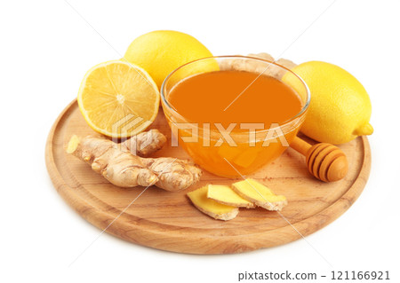 Honey, lemon and ginger isolated on white background. Honey, lemon and ginger isolated on white background. 121166921