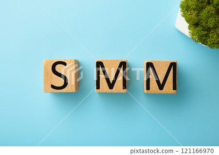 Wooden cubes with word SMM on blue background. Wooden cubes with word SMM on blue background. 121166970