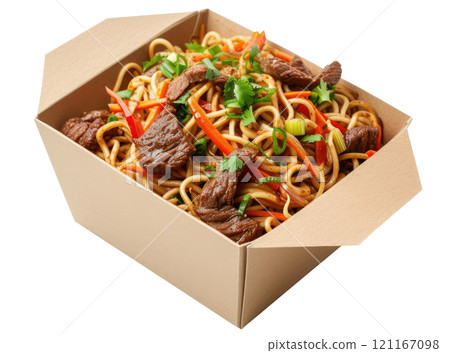 Paper Box with Noodles with Beef 121167098