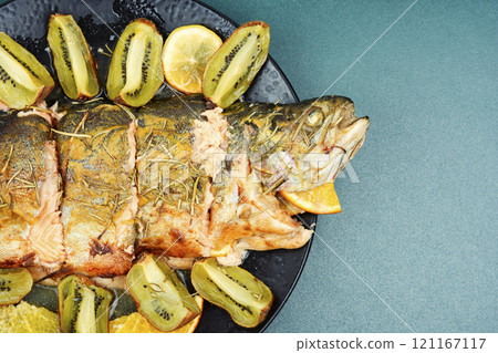 Baked rainbow trout. Baked rainbow trout. 121167117