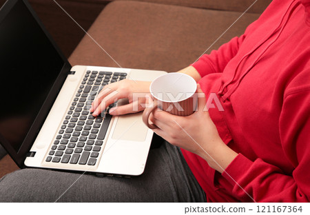 Woman sit on cozy sofa writing email on laptop and drinking coffee, girl freelancer working at computer from home, focused student studying un bed. Woman sit on cozy sofa writing email on laptop and drinking coffee, girl freelancer working at computer from home, focused student studying un bed. 121167364