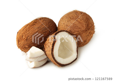 Coconuts isolated on the white background. Top view. Coconuts isolated on the white background. Top view. 121167389