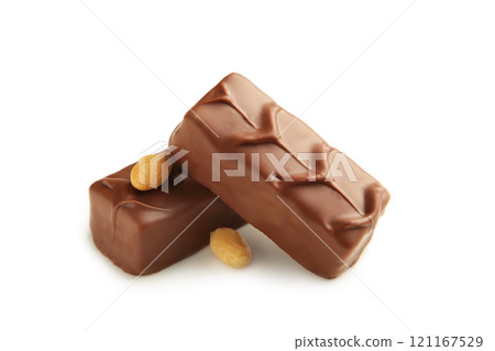 Chocolate bar with caramel and peanut isolated on white background. Chocolate bar with caramel and peanut isolated on white background. 121167529