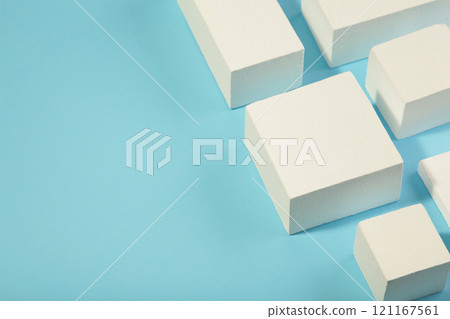 White square podiums on blue background. Trend fashion showcase for cosmetic products, goods, shoes, bags, watches. 121167561