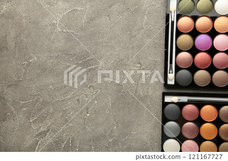 Beauty professional makeup palette on grey background. Make up cosmetics Beauty professional makeup palette on grey background. Make up cosmetics 121167727