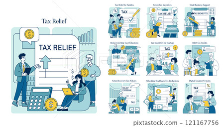 Tax Relief set. Illustrating diverse tax deductions and credits for individuals, families, and businesses. Tax policy benefits and financial savings concepts. Vector illustration. 121167756