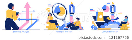 Forecasting set. Exploring different types of business forecasting including scenario analysis, financial growth, and market demand. Vector illustration. Forecasting set. Exploring different types of business forecasting including scenario analysis, financial growth, and market demand. Vector illustration. 121167766