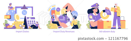 Customs tariffs set on imports featuring officers, percentage signs, and money symbols, encompassing various aspects of duties and revenues. Vector illustration. Customs tariffs set on imports featuring officers, percentage signs, and money symbols, encompassing various aspects of duties and revenues. Vector illustration. 121167796