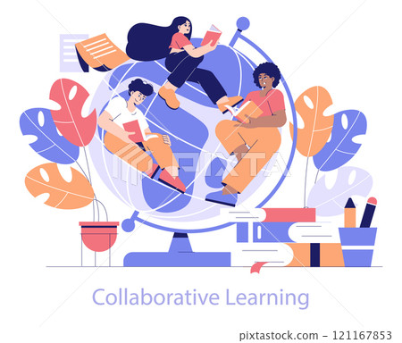 Edtech concept. Diverse students engage in collaborative learning around a globe, symbolizing global education and teamwork. Vector illustration. Edtech concept. Diverse students engage in collaborative learning around a globe, symbolizing global education and teamwork. Vector illustration. 121167853