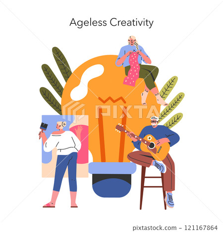 Ageless Creativity concept. Elderly individuals engaging in artistic pursuits, showcasing generational artistic expression. Art, music, and passion transcending age. Vector illustration. Ageless Creativity concept. Elderly individuals engaging in artistic pursuits, showcasing generational artistic expression. Art, music, and passion transcending age. Vector illustration. 121167864