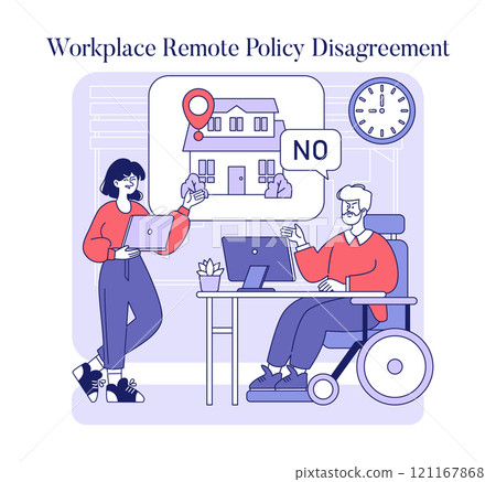 Conflict at virtual office concept. Two employees engaged in a remote work policy dispute, expressing opposing opinions. Office dynamics and teamwork challenge. Vector illustration. 121167868