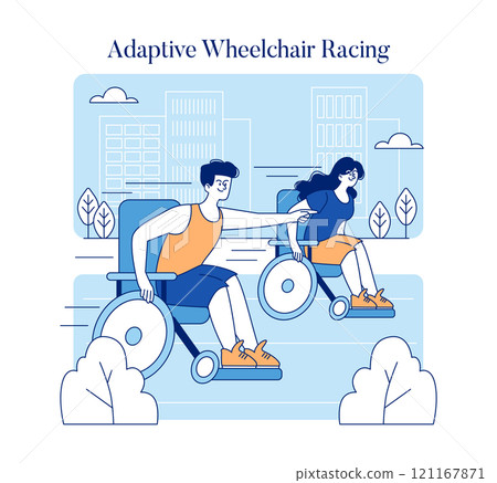Adaptive Wheelchair Racing concept. Athletes with disabilities compete in a race, showcasing inclusive sports in urban setting. Vector illustration. 121167871