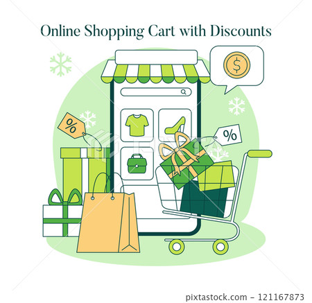 Green Monday concept. Digital cart loaded with gifts hinting at online shopping deals. Winter sale allure, eco-friendly spending trend. Vector illustration. Green Monday concept. Digital cart loaded with gifts hinting at online shopping deals. Winter sale allure, eco-friendly spending trend. Vector illustration. 121167873