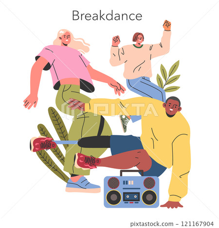 Breakdance concept. Two men and a woman performing street dance moves with a boombox. Urban hip-hop culture and dynamic dance skills. Vector illustration. Breakdance concept. Two men and a woman performing street dance moves with a boombox. Urban hip-hop culture and dynamic dance skills. Vector illustration. 121167904