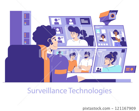 Surveillance Technology concept. Security personnel monitor multiple screens for safety. Real-time observation, crime prevention, and team coordination. Vector illustration. 121167909