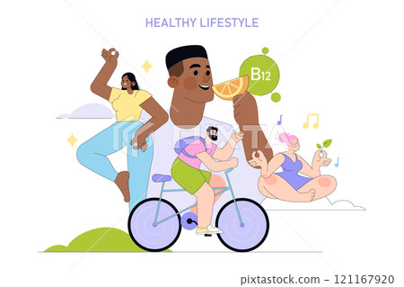 Healthy Lifestyle concept. Individuals engaging in fitness, nutrition, and wellness activities. Exercise, cycling, vitamins, and nature appreciation. Vector illustration. Healthy Lifestyle concept. Individuals engaging in fitness, nutrition, and wellness activities. Exercise, cycling, vitamins, and nature appreciation. Vector illustration. 121167920