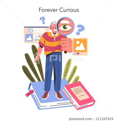 Perennial People concept. An elder man with a magnifying glass on a book, surrounded by symbols of learning and inquiry. Lifelong education theme. Vector illustration. Perennial People concept. An elder man with a magnifying glass on a book, surrounded by symbols of learning and inquiry. Lifelong education theme. Vector illustration. 121167928