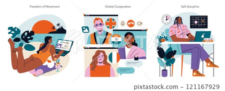 Remote Work set. Digital nomad enjoying beach, online meeting, disciplined scheduling. Embracing flexibility and teamwork in work life. Vector illustration. Remote Work set. Digital nomad enjoying beach, online meeting, disciplined scheduling. Embracing flexibility and teamwork in work life. Vector illustration. 121167929