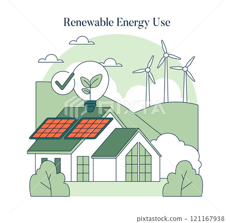 Renewable Energy Use concept. Eco-friendly home utilizing solar panels and wind turbines for sustainable power. Green living and clean energy. Vector illustration. 121167938
