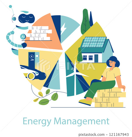 Electrification concept. Home powered by renewable energy with solar panels and wind turbine. Integration of AI, electric vehicle in smart energy systems. Vector illustration. 121167943