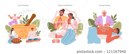 Spiritual Practices set. Individuals engaging in sound healing, prayers and mantras, and energy healing rituals. Mindfulness, tranquility, and wellness themes. Vector illustration. Spiritual Practices set. Individuals engaging in sound healing, prayers and mantras, and energy healing rituals. Mindfulness, tranquility, and wellness themes. Vector illustration. 121167948
