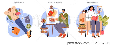 Wellness activity set featuring digital detox, artistic hobbies, and cozy reading moments for relaxation. Simplified lifestyles portrayed with warmth. Vector illustration. 121167949