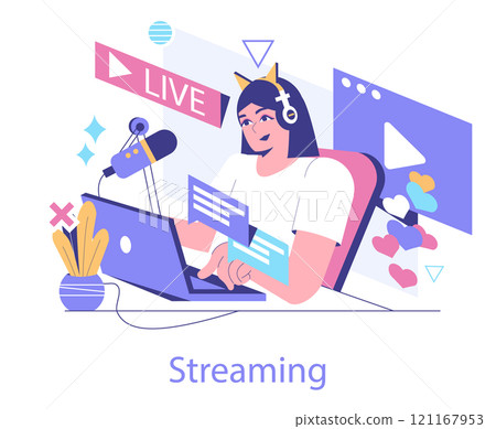 Esport concept. A female gamer engages in live streaming, complete with a headset and microphone, showcasing interactive communication. Vector illustration. Esport concept. A female gamer engages in live streaming, complete with a headset and microphone, showcasing interactive communication. Vector illustration. 121167953