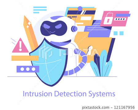 AI Cybersecurity concept. A friendly robot with a shield symbolizes advanced intrusion detection systems. Network protection and digital safety. Vector illustration. AI Cybersecurity concept. A friendly robot with a shield symbolizes advanced intrusion detection systems. Network protection and digital safety. Vector illustration. 121167956