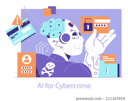 Cybercrime concept. A stylized robot with a brain circuit holds a credit card, depicting threats in digital security. AI's involvement in electronic fraud. Vector illustration. 121167959