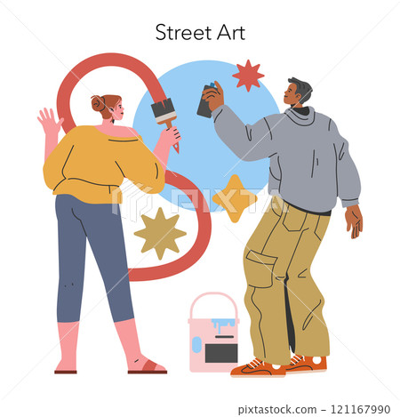 Millennial Hobbies concept. Young artists engaging in vibrant street art creation. Urban culture expression through mural painting. Vector illustration. 121167990