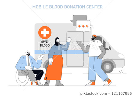 Blood Donor Day concept. Volunteers near a mobile blood donation center, promoting the importance of giving blood. Community service and health care support. Vector illustration. 121167996