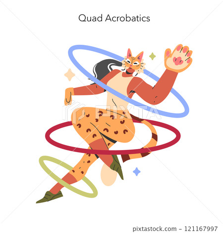 Quad Acrobatics concept. A cheerful humanoid fox performing with colorful hoops. Dynamic performance and playful character design. Vector illustration. 121167997