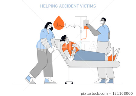 Blood Donor Day concept. Healthcare professionals assist a smiling donor during a blood donation. Life-saving care for accident victims. Vector illustration. 121168000