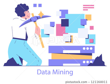 Data Mining concept. A stylized person wielding a pickaxe among abstract data blocks, representing the extraction of valuable insights. Vector illustration. Data Mining concept. A stylized person wielding a pickaxe among abstract data blocks, representing the extraction of valuable insights. Vector illustration. 121168011
