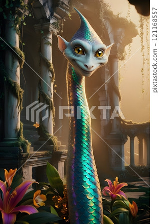 A mischievous, chameleon-like creature blending into a background of colorful enchanted ruins 121168557
