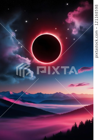 A mystical lunar eclipse casting a crimson glow over a serene mountain landscape, surrounded by twinkling stars and a misty atmosphere 121168598