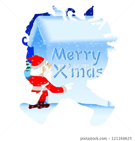 Santa Claus walks in front of a snowy blue house with "Merry X'mas" written on it. Snowflakes gently fall around, enhancing the festive atmosphere. Santa Claus walks in front of a snowy blue house with "Merry X'mas" written on it. Snowflakes gently fall around, enhancing the festive atmosphere. 121168625