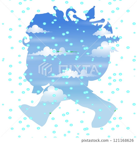 A silhouette of a walking person is filled with a sky scene featuring clouds and small blue dots scattered throughout. A silhouette of a walking person is filled with a sky scene featuring clouds and small blue dots scattered throughout. 121168626