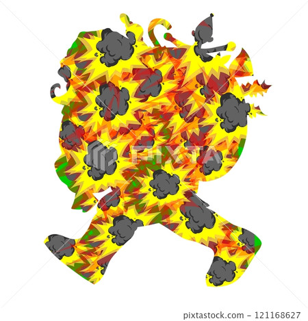 A vibrant, abstract design features a silhouette filled with explosive patterns in yellow, red, and green hues. A vibrant, abstract design features a silhouette filled with explosive patterns in yellow, red, and green hues. 121168627
