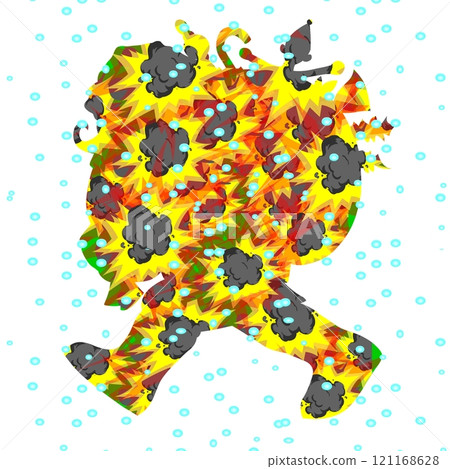 A vibrant composition features abstract, colorful bursts combined with black cloud-like shapes. Blue circles scattered throughout add a whimsical touch, creating a lively atmosphere.	 121168628